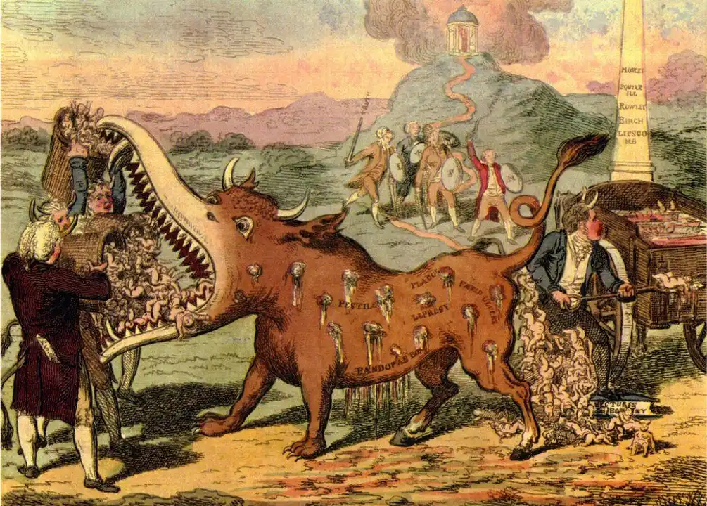 Anti-vax drawing of children being fed to a diseased cow creature (Charles Williams, 1802)