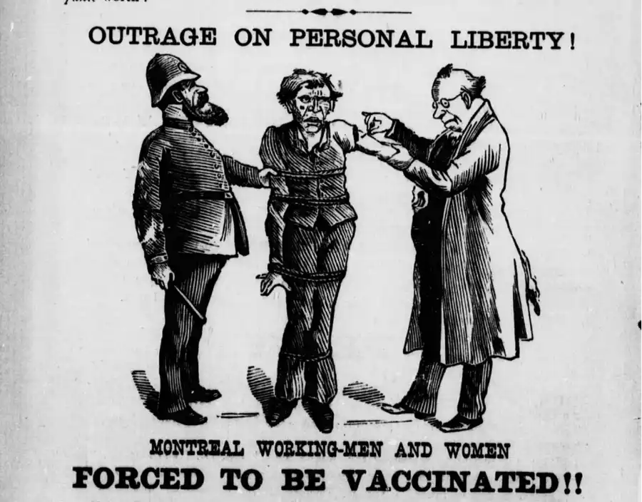 Cartoon of a working man forcibly vaccinated while being held by a policeman.
