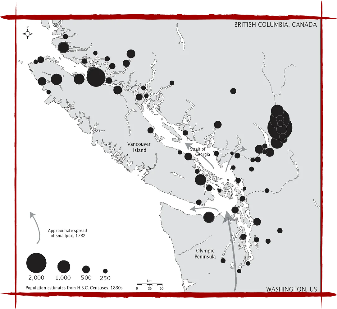 Map showing smallpox outbreaks on Vancouver Island and the coast of British Columbia