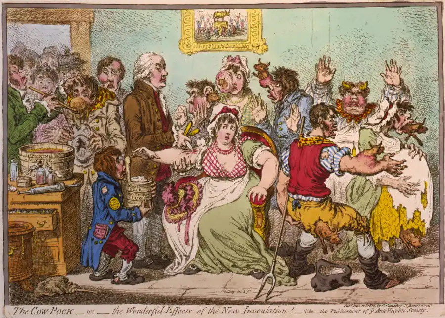 Cartoon of the smallpox vaccine making people grow cow parts on their bodies
								 (James Gillray, 1802)